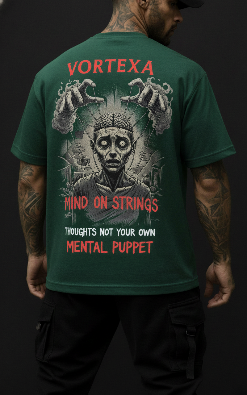 Mind on Strings зелена тениска червен текст