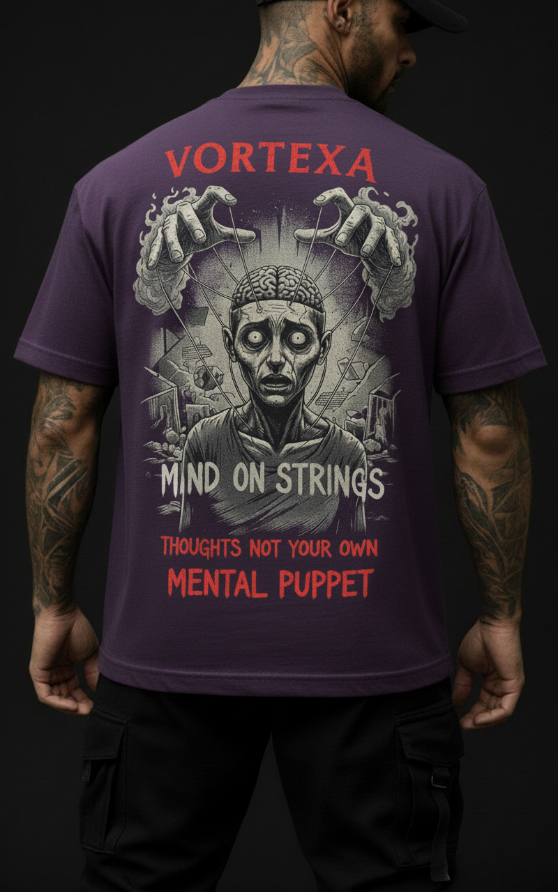 Mind on Strings лилава тениска червен текст